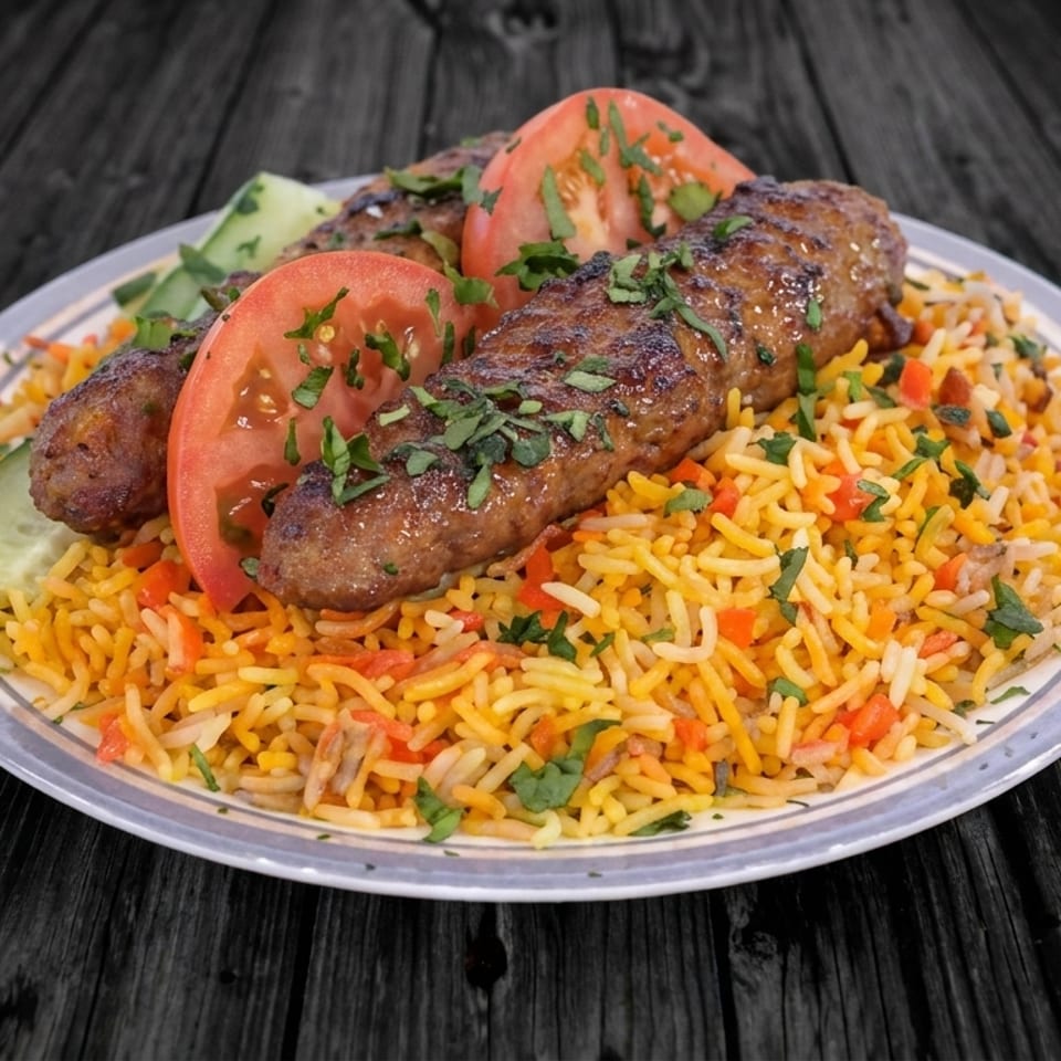Grilled kofta kebabs on a bed of yellow rice with fresh tomatoes and cucumber slices.