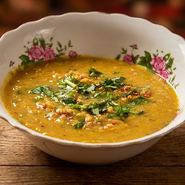 Yellow lentil soup in a floral bowl, garnished with fresh herbs on a rustic wooden table.