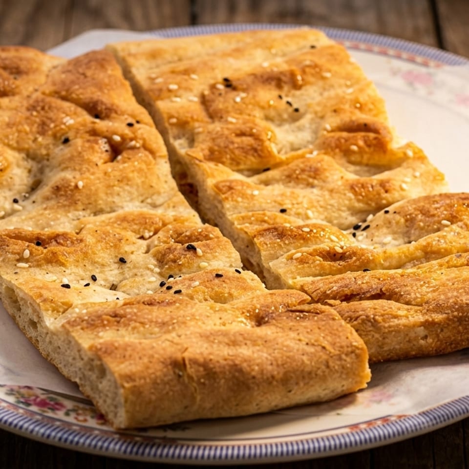Golden flatbread pieces topped with sesame and black seeds, served on a plate on a wooden table.