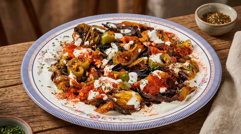 Roasted eggplant and green peppers with tomato sauce and yogurt dressing on a decorative plate.