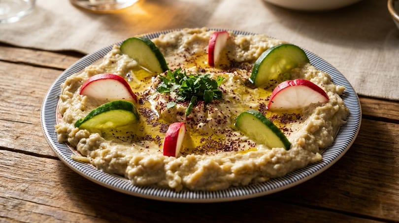 Baba ghanoush dip garnished with cucumber, radish, parsley, olive oil, and sumac on a wooden table.