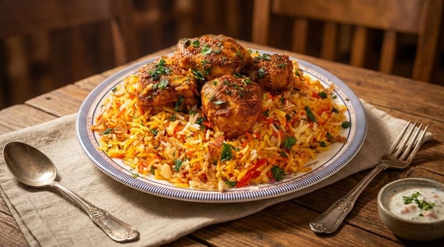 Biryani Rice with Chicken Tikka.