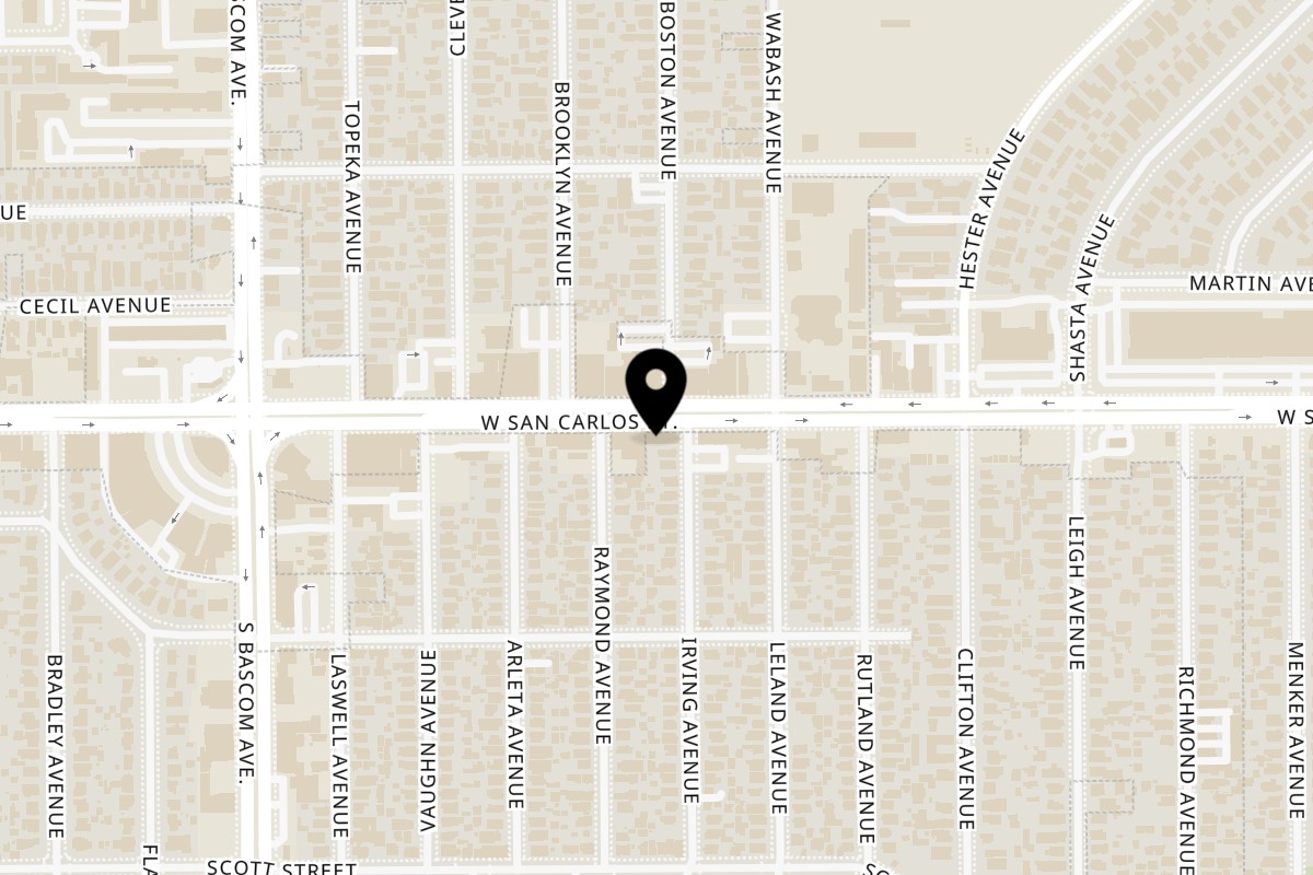 Map showing the location of Gulzaar Halaal on 1880 W San Carlos St in San Jose