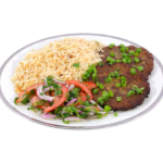 Spiced Halal beef biryani rice plate on a white isolated background